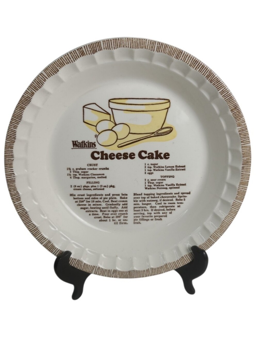 Vintage Watkins White & Yellow 'Cheese Cake' Recipe Decorative Pie Plate Dish